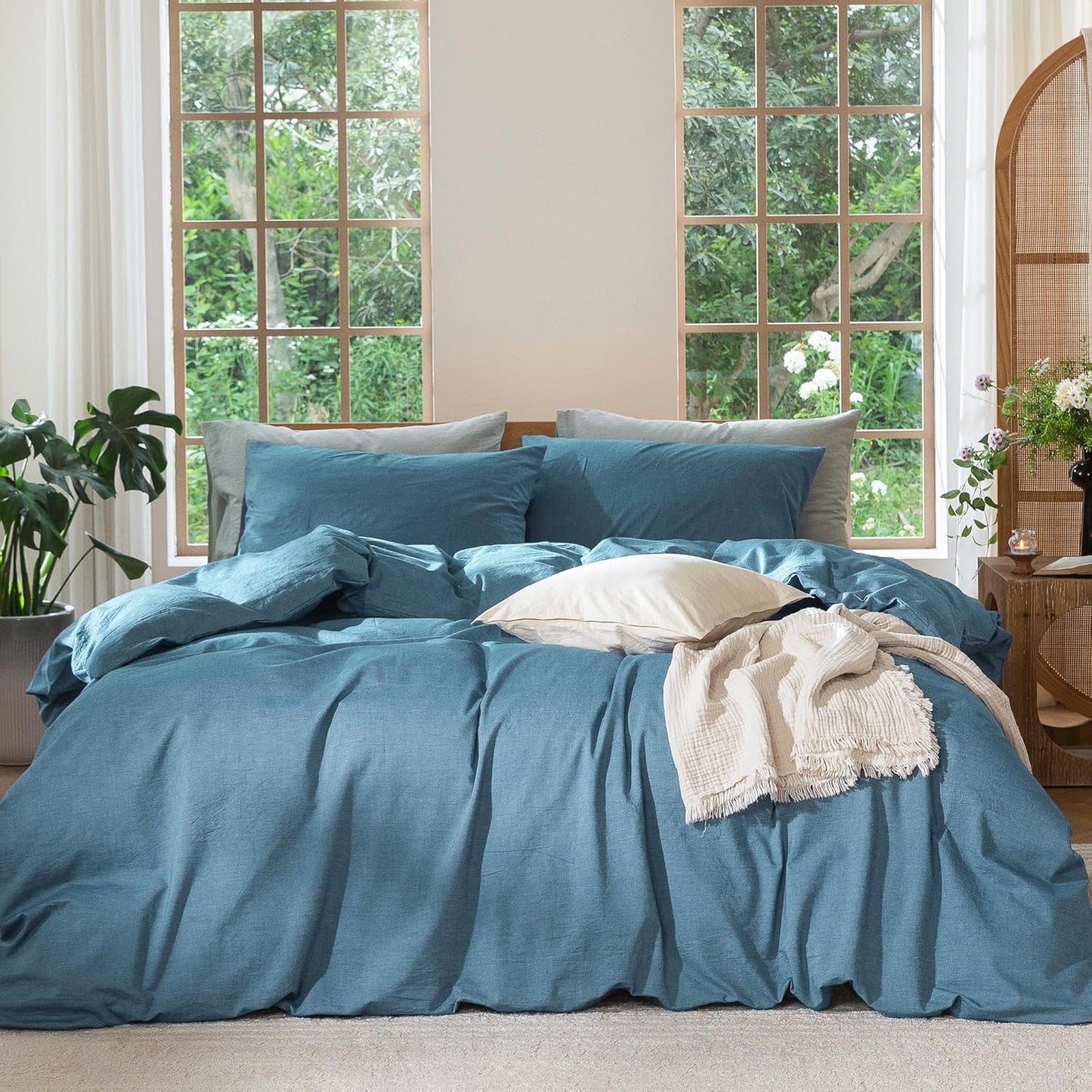MooMee Bedding Duvet Cover Set 100% Washed Cotton Linen Like Textured Breathable Durable Soft Comfy (Heathered Peacock Blue, Cal King 104"x98")