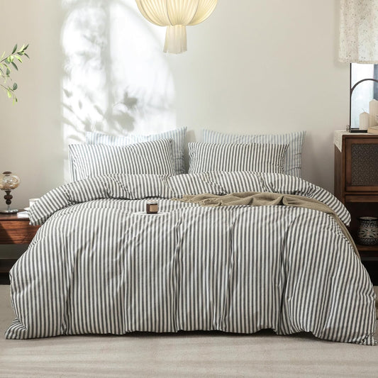 FOSSA Striped Duvet Cover Set 100% Washed Cotton Linen Feel Super Soft Breathable Cozy 3 Pieces Bedding Sets Dark Grey Classic Stripes Queen