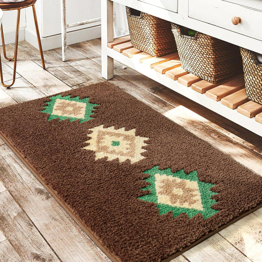 DEXDE Boho Bathroom Rugs Brown Aztec Bath Mat Non Slip Western Geometric Bath Rug Luxury Soft Absorbent Carpet for Bathroom Shower Kitchen Entryway Farmhouse Modern Decor 20x32