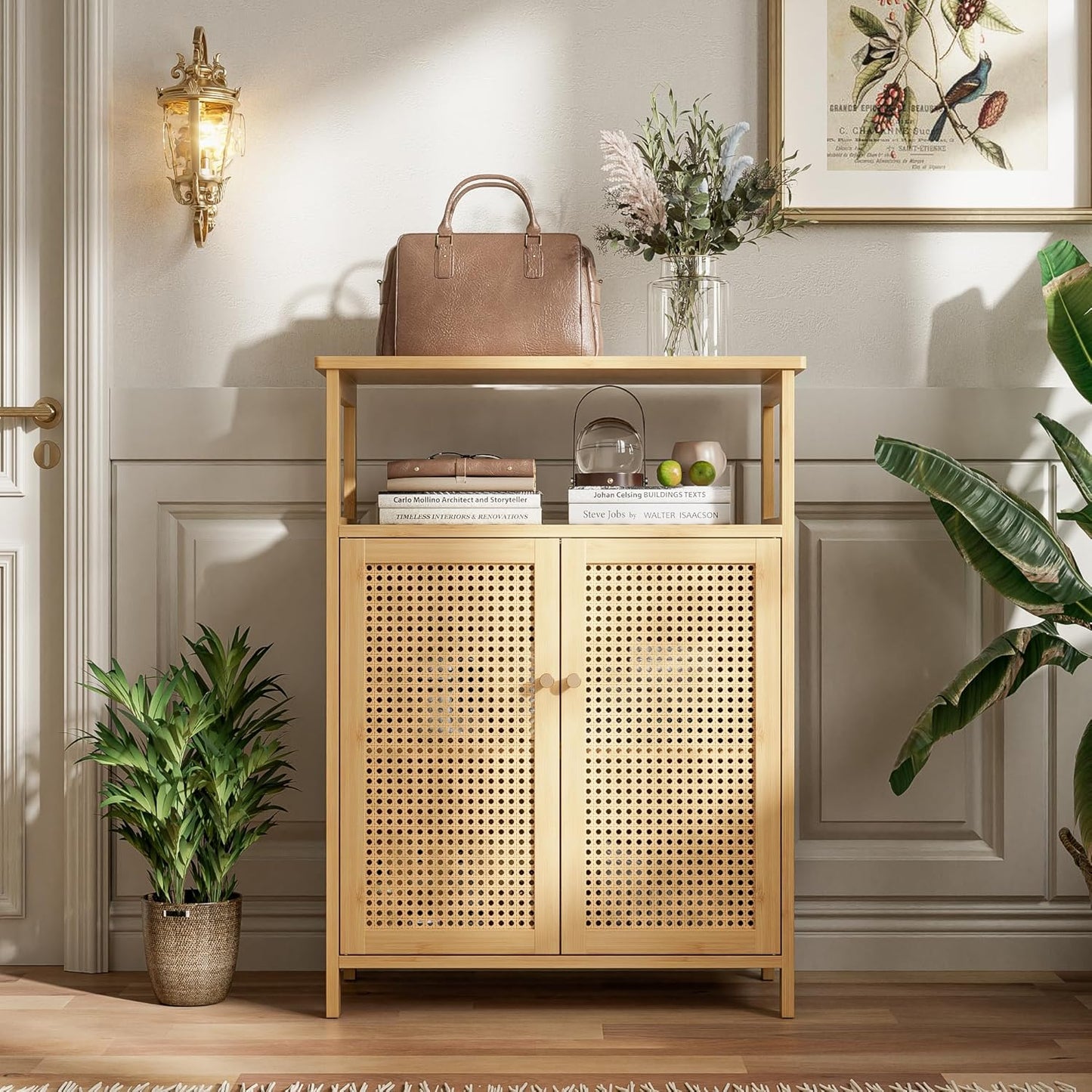 Bathroom Floor Stand Cabinet, Bamboo Storage Organizer Table with 2 Rattan Doors and 1 Shelf, Wooden Side Cupboard for Hallway, Laundry, Kitchen, Living Room (Natural)