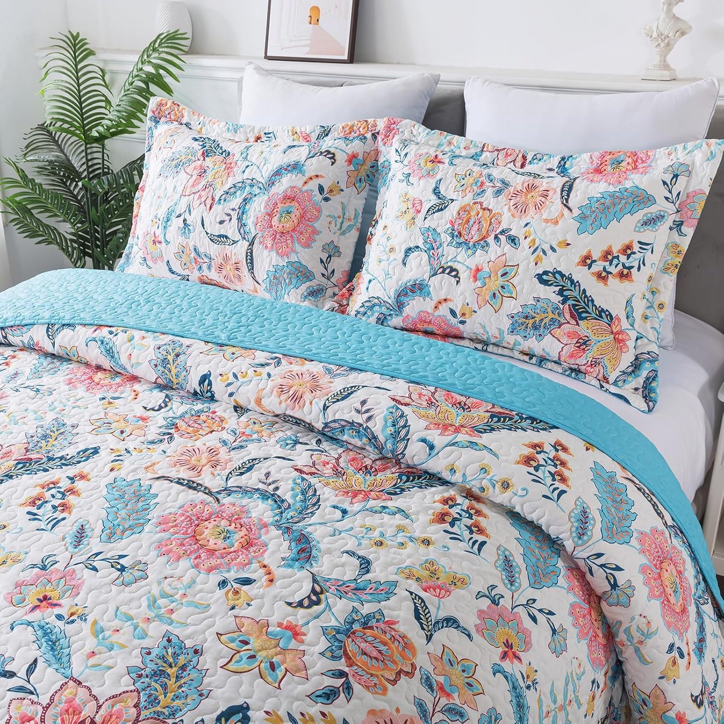 BEDIFANY Garden Cotton Filling King Size Quilt Set - Lightweight Bedspreads King Size (98 x 106 inch) with Colorful Floral Pattern - Farmhouse King Quilt Bedding Sets for Bed Coverlet, 3 Pieces