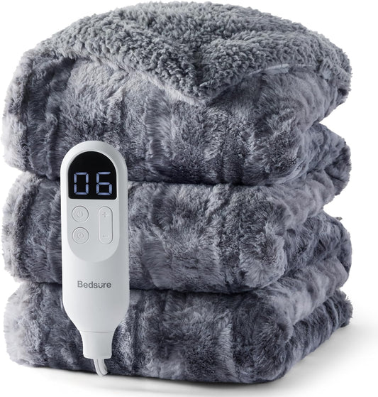 Bedsure Faux Fur Heated Blanket Twin Size, Fast Heating Electric Blanket Twin Size with 6 Heating Levels & 10 Time Settings, Cozy Gifts for Women Men (62x84 inches, Grey)