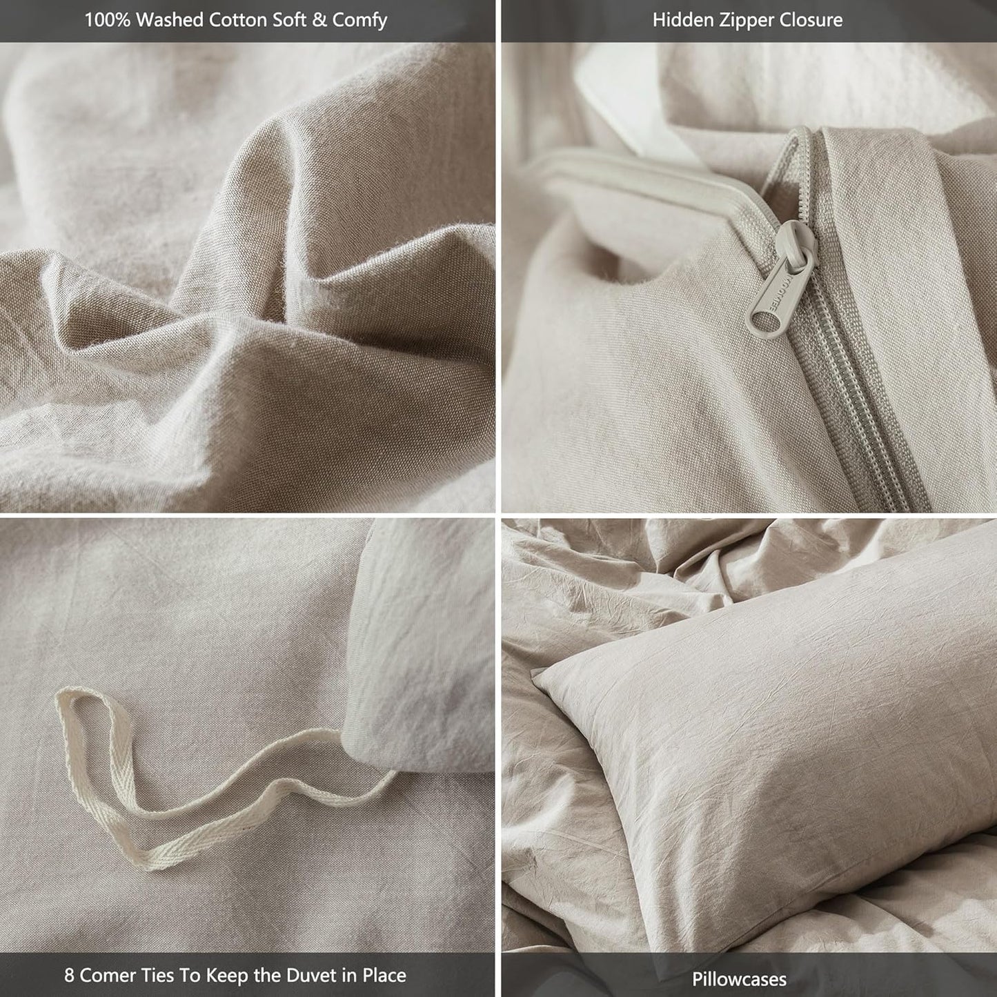 MooMee Bedding Duvet Cover Set 100% Washed Cotton Linen Like Textured Breathable Durable Soft Comfy (Heathered Tannish Linen Grey, Super King 108"x98")