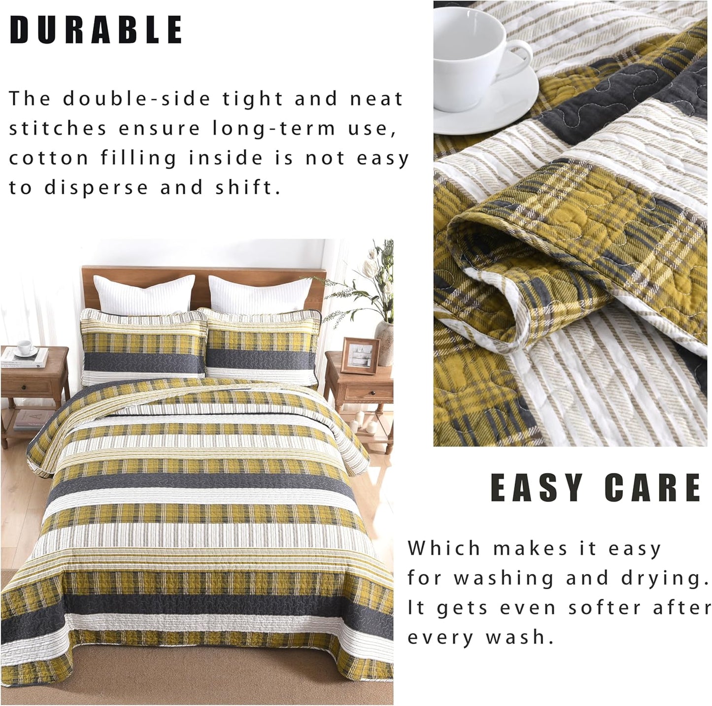 Homzard Queen Comforter Set，Cotton Quilts Queen Size，Amber Green Black Bedding，Plaid Striped Bedspread，Lightweight Reversible Coverlet 3 Pieces