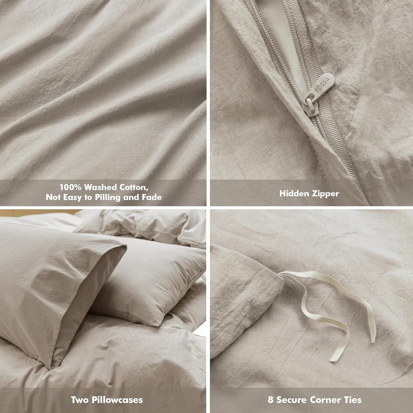 FOSSA Duvet Cover Set 100% Washed Cotton Linen Feel Super Soft Breathable Cozy 3 Pieces Bedding Sets Solid Tannish Linen Grey California King