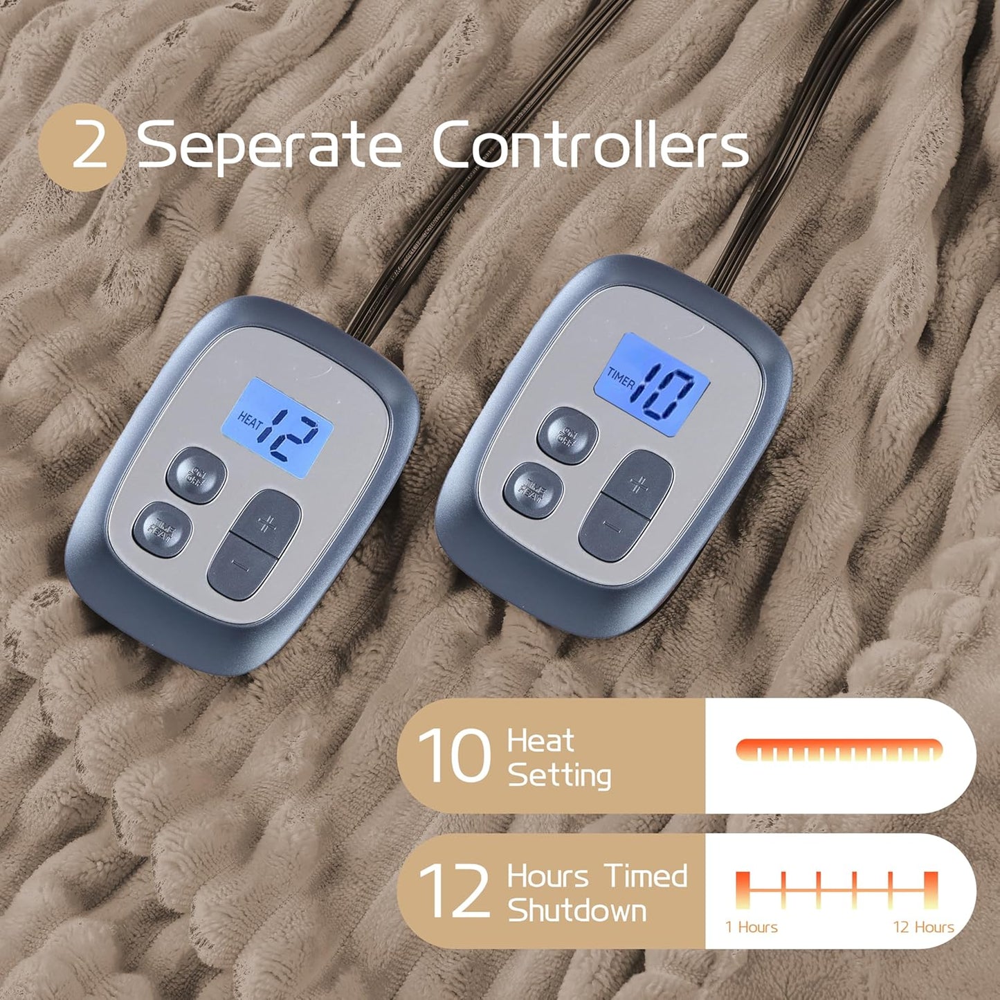 Electric Heated Blanket Queen Size 84x90 Inch - Ultra Soft Silky Flannel with Ribbed Texture, Dual Zone Controllers with 10 Heating Levels and 12 Hours Auto-Off Feature - Camel