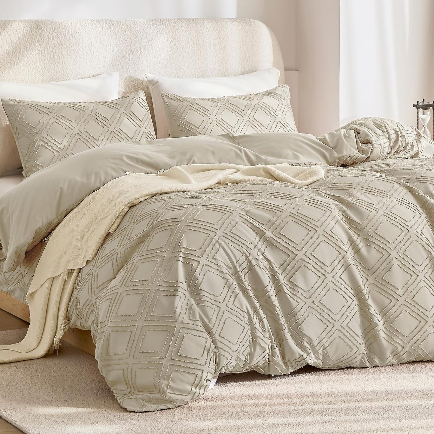 JELLYMONI Duvet Cover Full Size Light Khaki - 3PCS Boho Duvet Cover Set Plaid Polyester Tufted Bohemian Jacquard Knit Textured Comforter Cover 80×90in Rhombic Geometric Pattern Corner Tie & Zipper