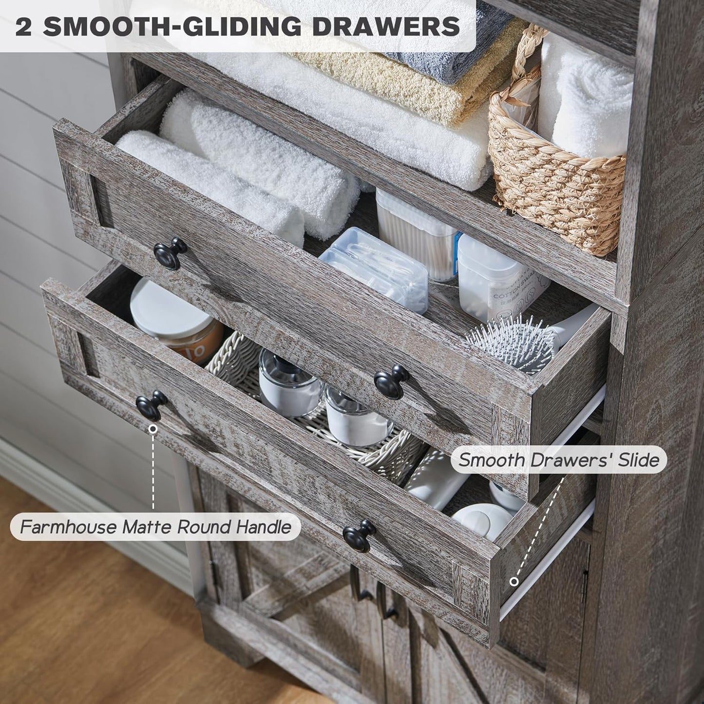 ACCOHOHO Bathroom Storage Cabinet, 72" Tall Farmhouse Storage Cabinet with 2 Drawers, Adjustable Shelves & Barn Door, Cabinet for Bathroom, Living Room, Kitchen, Grey Wash