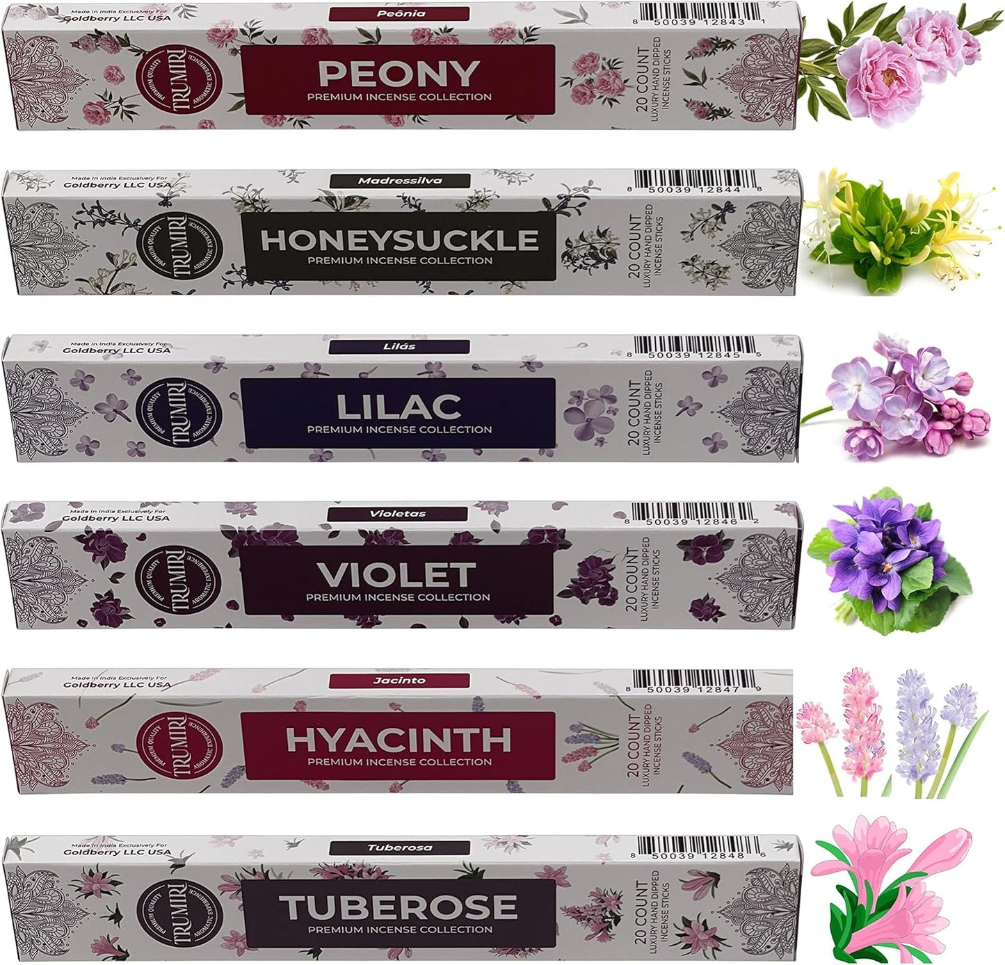Blossom Incense Sticks Variety Pack - 120 Insence-Sticks (6 Incents x 20 Insense) - Peony Honeysuckle Lilac Violet Hyacinth Tuberose - Natural Inscents-Sticks Non Toxic Incienso + Stick Incense Holder