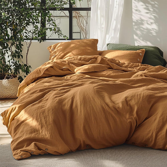 Bedsure Linen Duvet Cover King Size - Linen Cotton Blend Bedding Set, Soft & Cozy, 3 Pieces, 1 Duvet Cover 104x90 and 2 Pillowcases, Pumpkin Yellow Color Cooling Bedding, Comforter Sold Separately