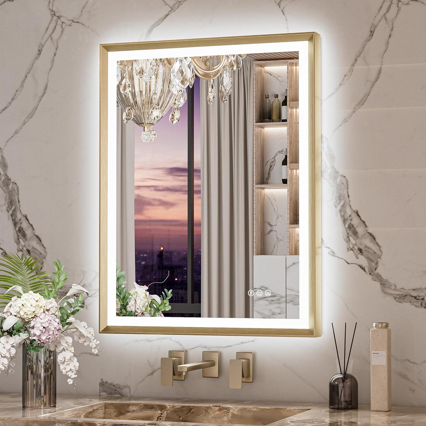 Keonjinn 24” x 32” LED Bathroom Mirror with Frontlit & Backlit, Gold Metal Framed Beveled Edge Mirror for Wall, LED Mirror with Anti Fog, Stepless 3-Color Temperatures, UL-Listed LED Driver