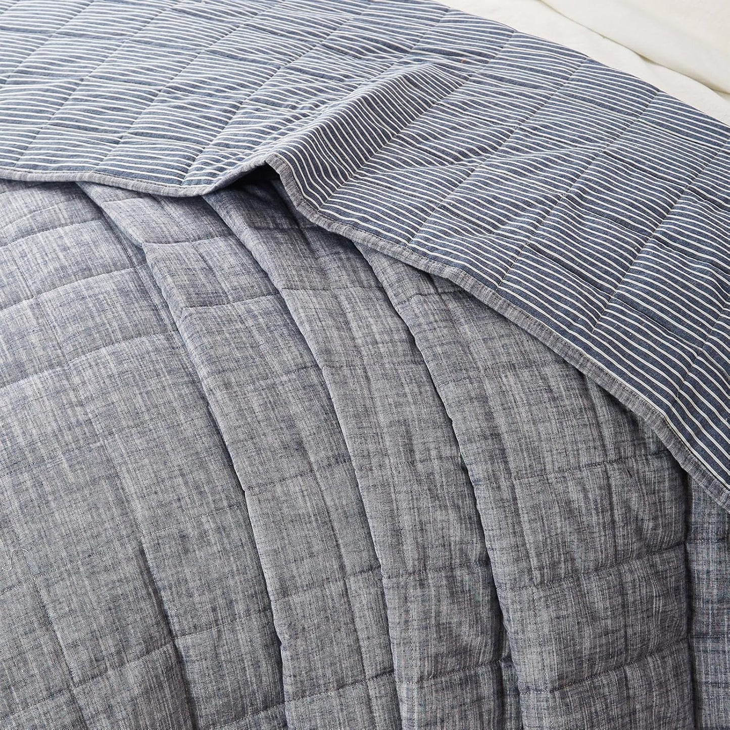 Navy Quilts Twin Quilt， Cotton Twin Quilt Bedding Set，2-Pieces Quilted Bed Spread with Blue Stripe Coverlet Light Weight Navy Bedspread with 1 Pillow Sham
