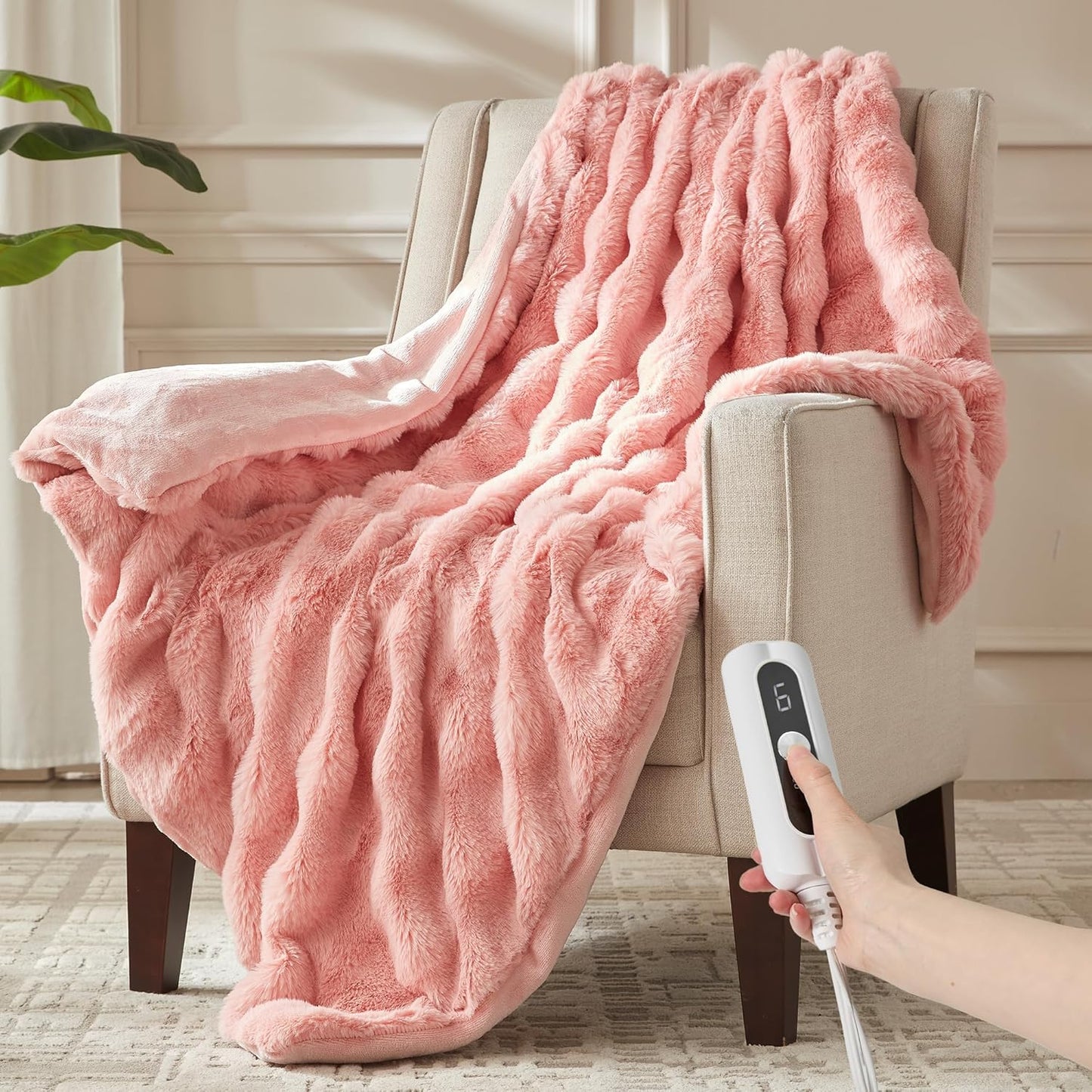 Heated Throw Blanket - Plush Thick Bubble Faux Fur Heated Blanket, Fast Heating Electric Blanket 6 Heating Levels & 4 Hours Auto-Off, Machine Washable, 50"x60", Pink