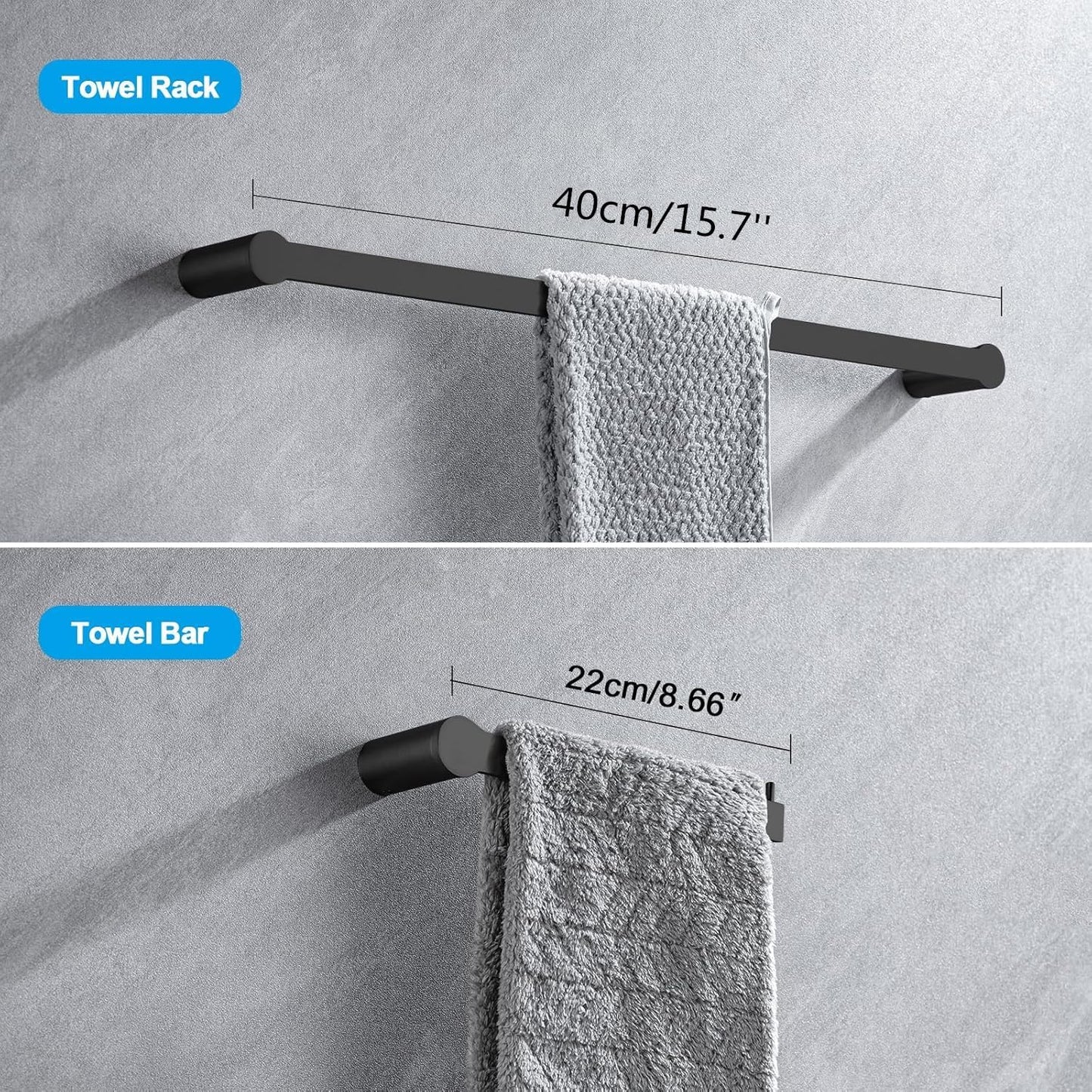 4-Pieces Bathroom Accessories Set, Matte Black Towel Bar Set Modern Stainless Steel Towel Rack Towel Hooks Toilet Paper Holder for Bathroom Wall Mounted, 16 Inch