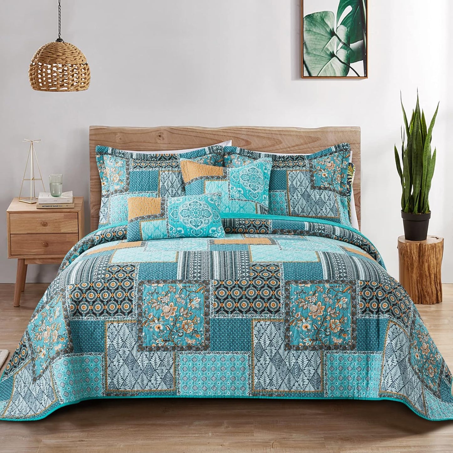 BEDIFANY Cotton Queen Size Quilt, Lightweight Bedspread Queen Size, Teal, Quilted Coverlets Queen Quilt Bedding Sets for Bed Decorations for All Seasons. 3 Pieces