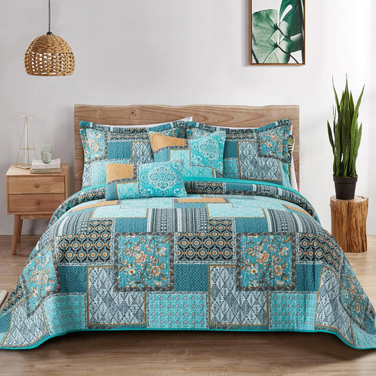 BEDIFANY Cotton Queen Size Quilt, Lightweight Bedspread Queen Size, Teal, Quilted Coverlets Queen Quilt Bedding Sets for Bed Decorations for All Seasons. 3 Pieces