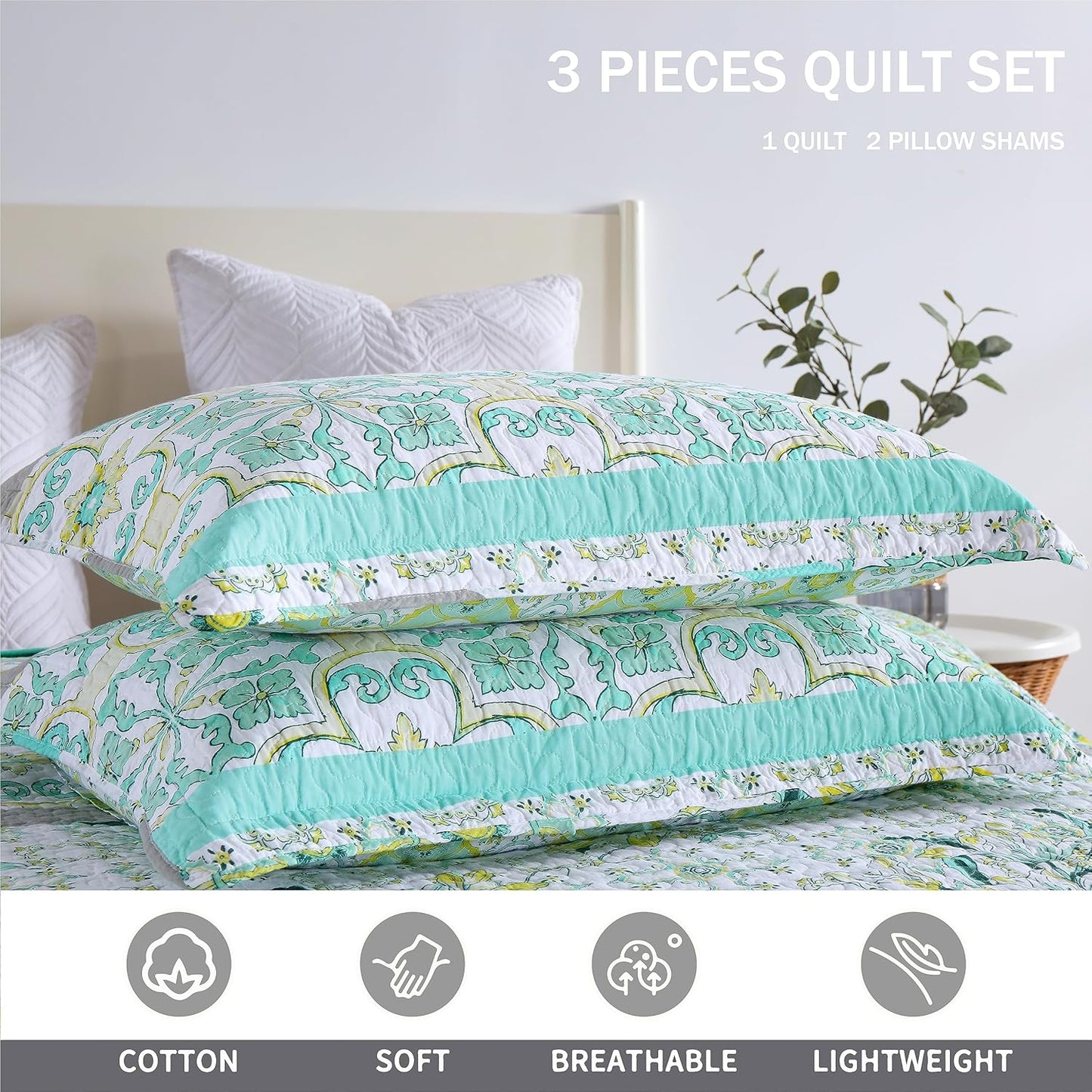 Homzard Sage Green Quilt King Size, Green Floral Quilt King，Cotton Comforter Set (106 * 98 Inches)