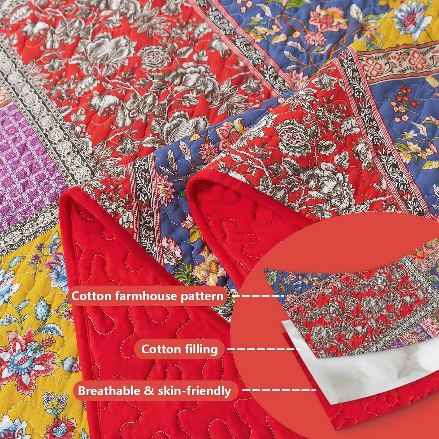 BEDIFANY Cotton King Quilt Set - Vintage Farmhouse Bedspread with Vibrant Floral Pattern, 3-Piece Lightweight Coverlet (98x106 Inch) + 2 Pillow Shams, All Seasons Multicolor Quilt Bedding Set