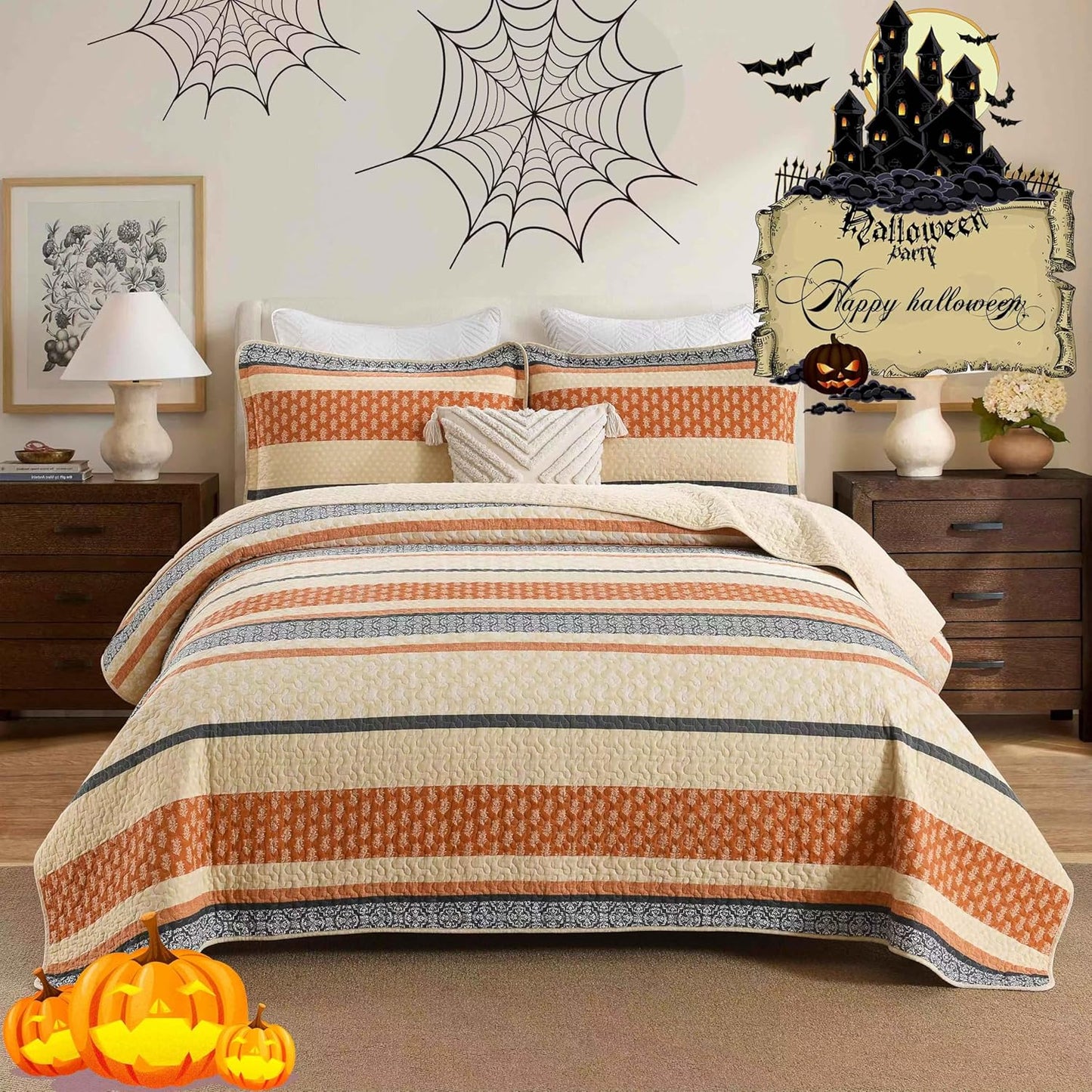Homzard Quilt Bedding Set - Cotton Quilt Sets Queen Szie,Orange Grey Black Queen Size Bed, Farmhouse Lightweight Bedspread Set, 3 Piece All Season