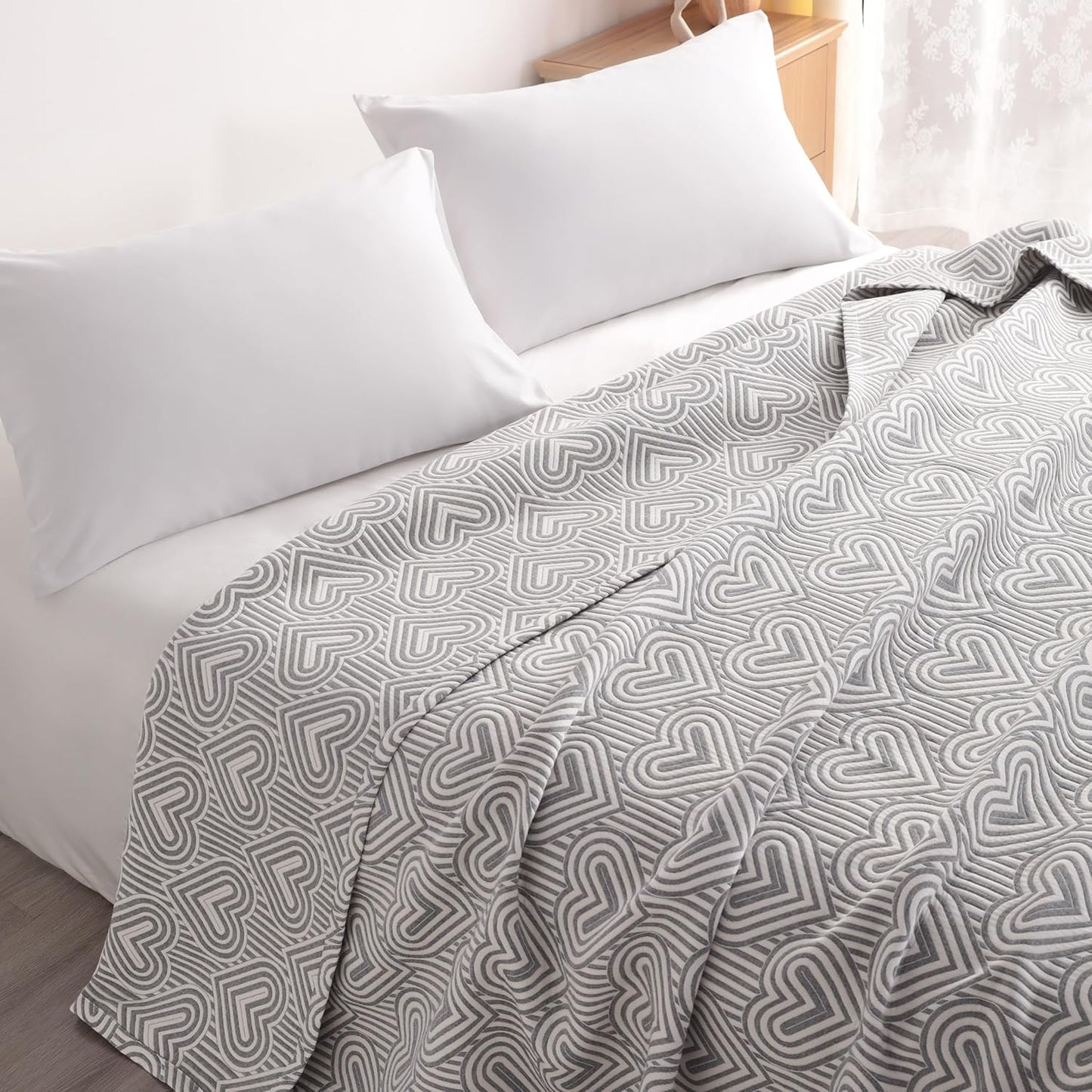 NTBAY 3 Layers Cotton Muslin 88x92 Queen Bed Blanket, Super Soft Breathable Thermal Yarn Dyed Quilt for Adults, Perfect Lightweight Blanket for Couch Sofa Bed All Seasons, Grey Heart