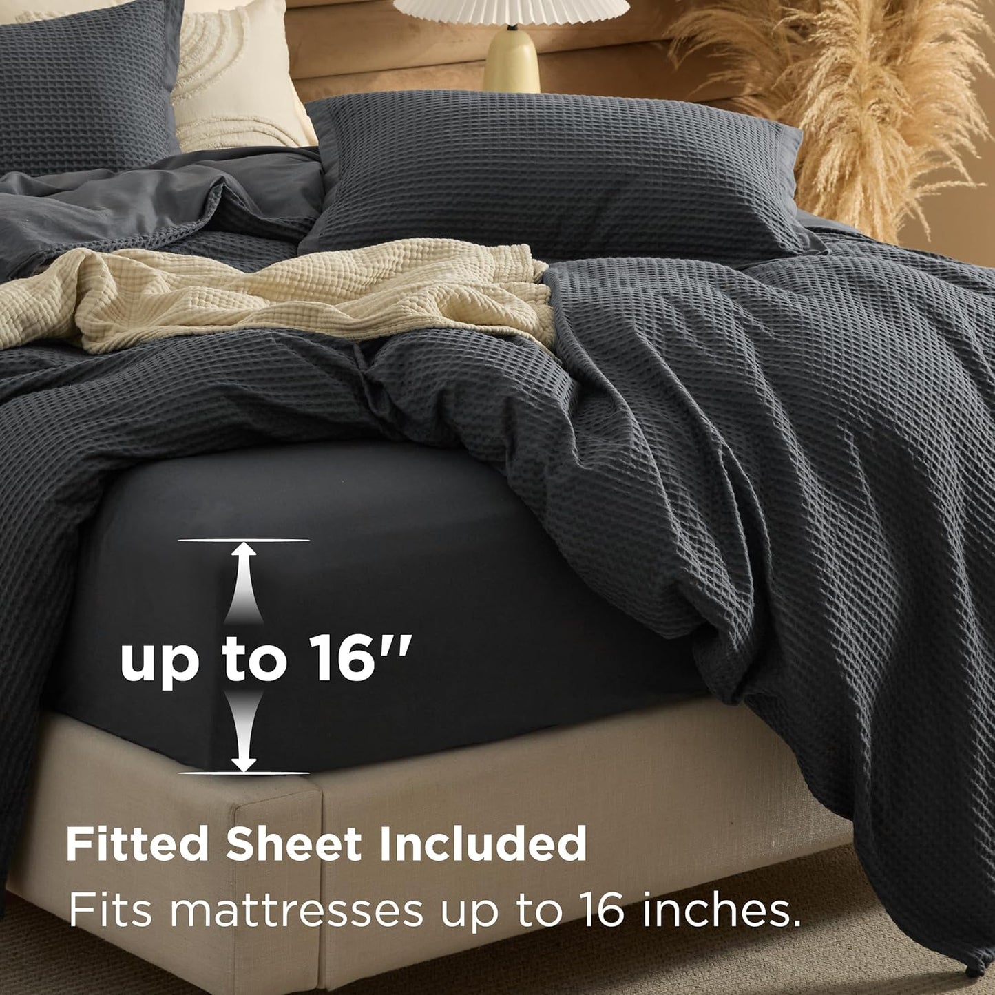 Bedsure 100% Cotton Duvet Cover Queen Size with Fitted Sheet - 4 Pieces Charcoal Waffle Weave Bedding Set, GentleSoft™ and Breathable, Includes 1 Duvet Cover 90x90, 1 Fitted Sheet, 2 Pillow Shams