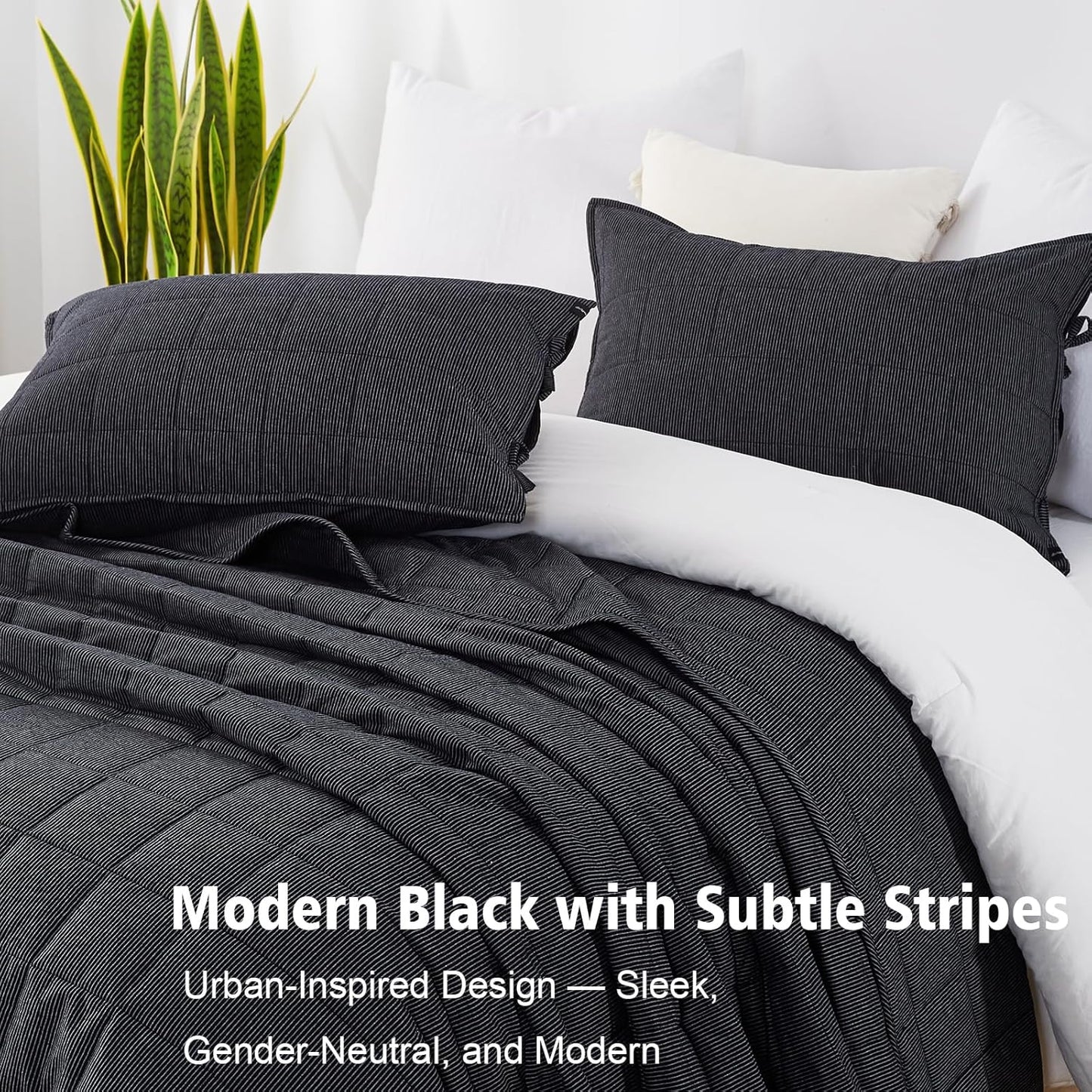 Midnight Pinstripe Quilts Queen Size, Cotton Queen Quilt Set Stone Washed with Black Stripe Bedding Coverlet Light Weight 3-Pieces with 2 Pillow Shams