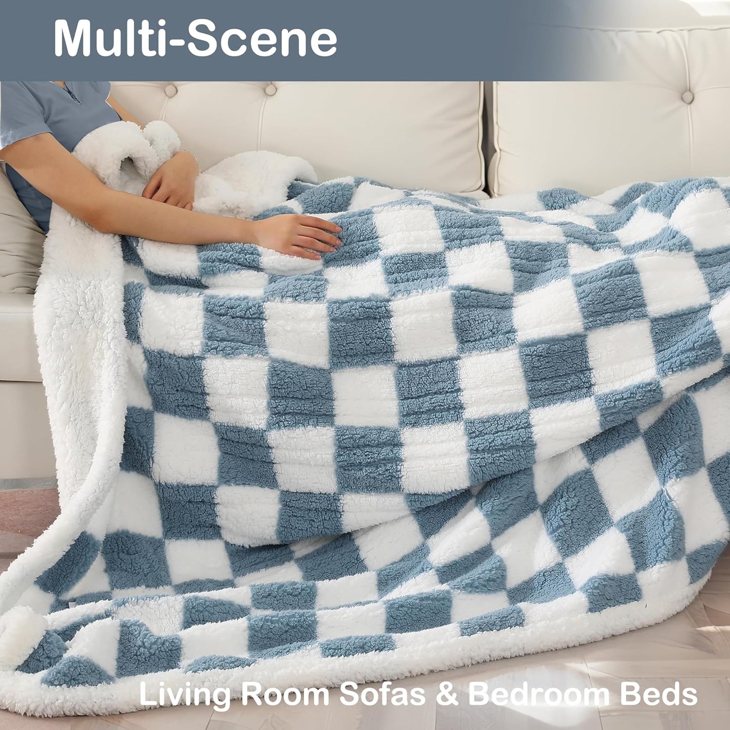 Electric Heated Blanket 6 Heating Settings & 1-10H Auto Off Full 72×84 Checkered Plaid Double Sided Plush Sherpa Ultra-Soft Warm Thick, Machine Washable, Fast Heating, Home Office Light Blue