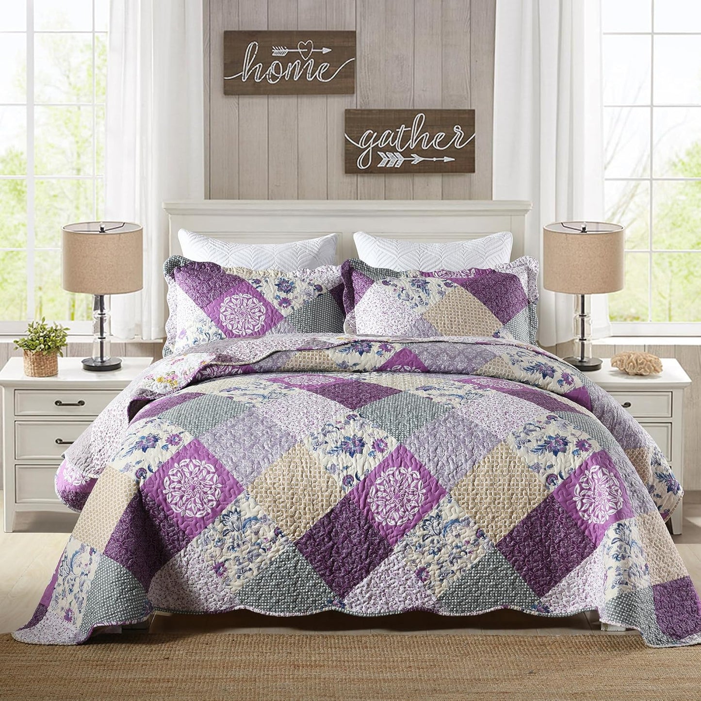 HoneiLife Quilt Set Queen Size - 3 Piece Microfiber Quilts Reversible Bedspreads Patchwork Coverlets Floral Bedding Set All Season Quilts- Late Spring,Queen/Full Size