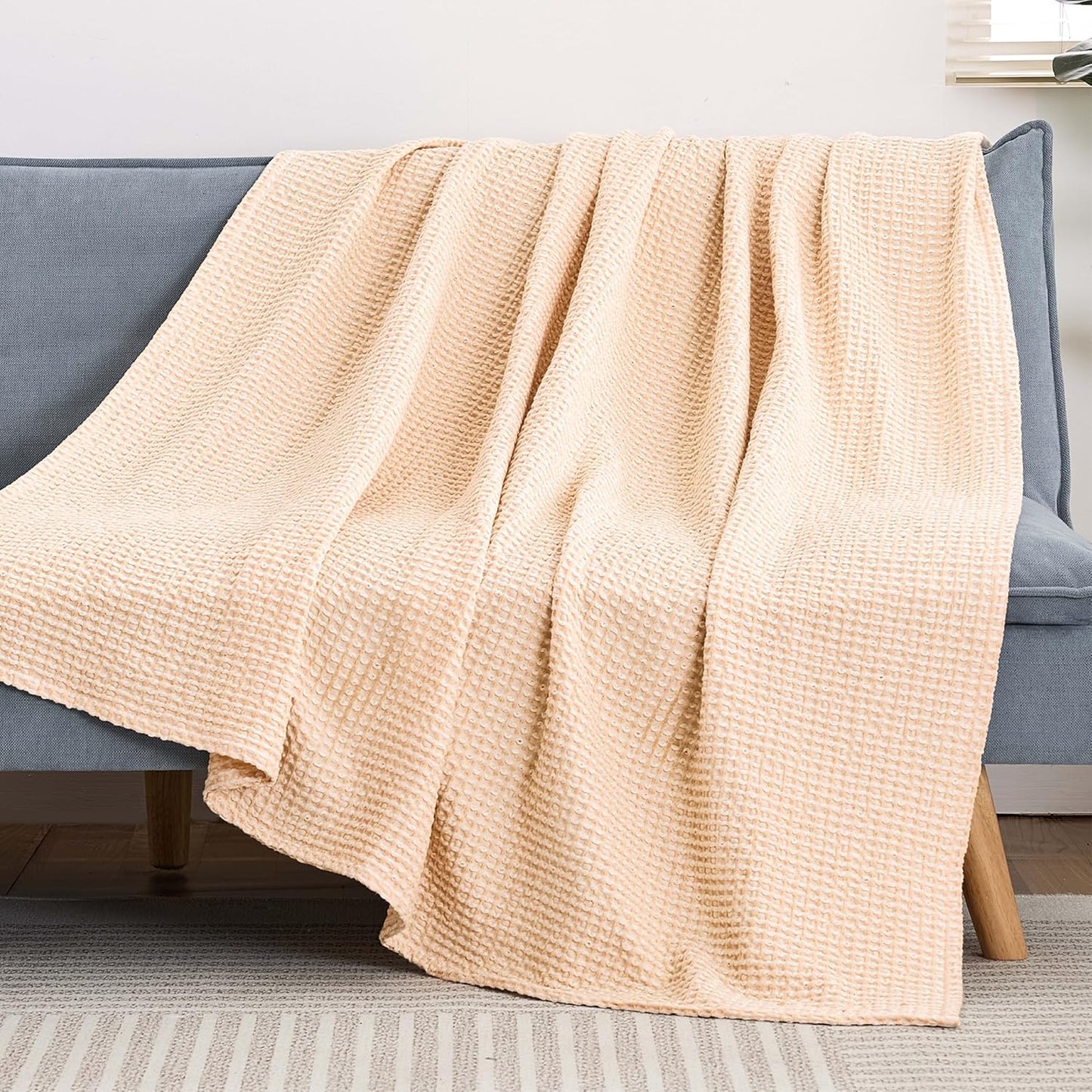 EGOHOME 100% Cotton Waffle Blanket Twin Size for Bed-Breathable and Lightweight,Soft Dual-Tone Textured Jacquard Waffle Weave Blankets for All Seasons,Banana Cream,60 x 80 Inches