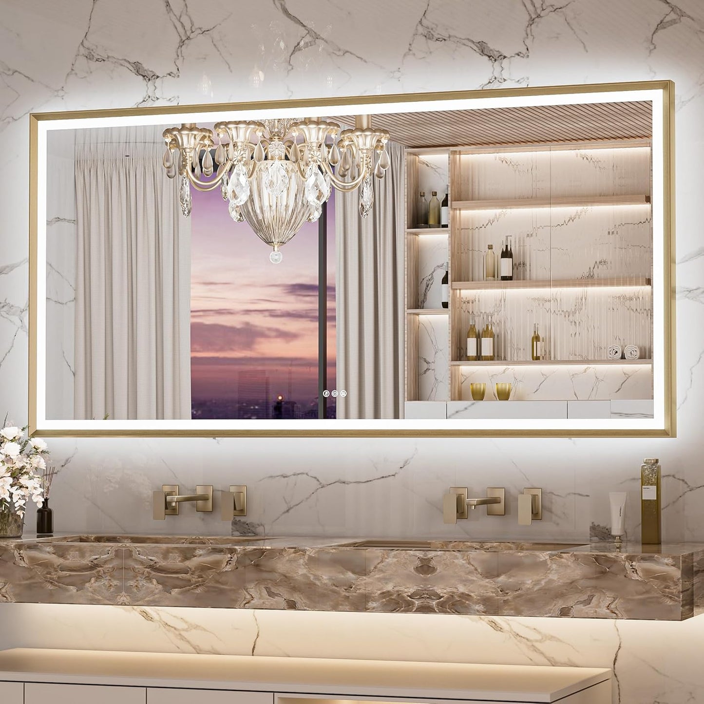 Keonjinn 72 x 36 Inch Bathroom Mirror with Frontlit & Backlit, Gold Metal Framed Beveled Edge Mirror, Large LED Mirror with Anti Fog for Wall, Stepless 3-Color Temperatures, UL-Listed Driver