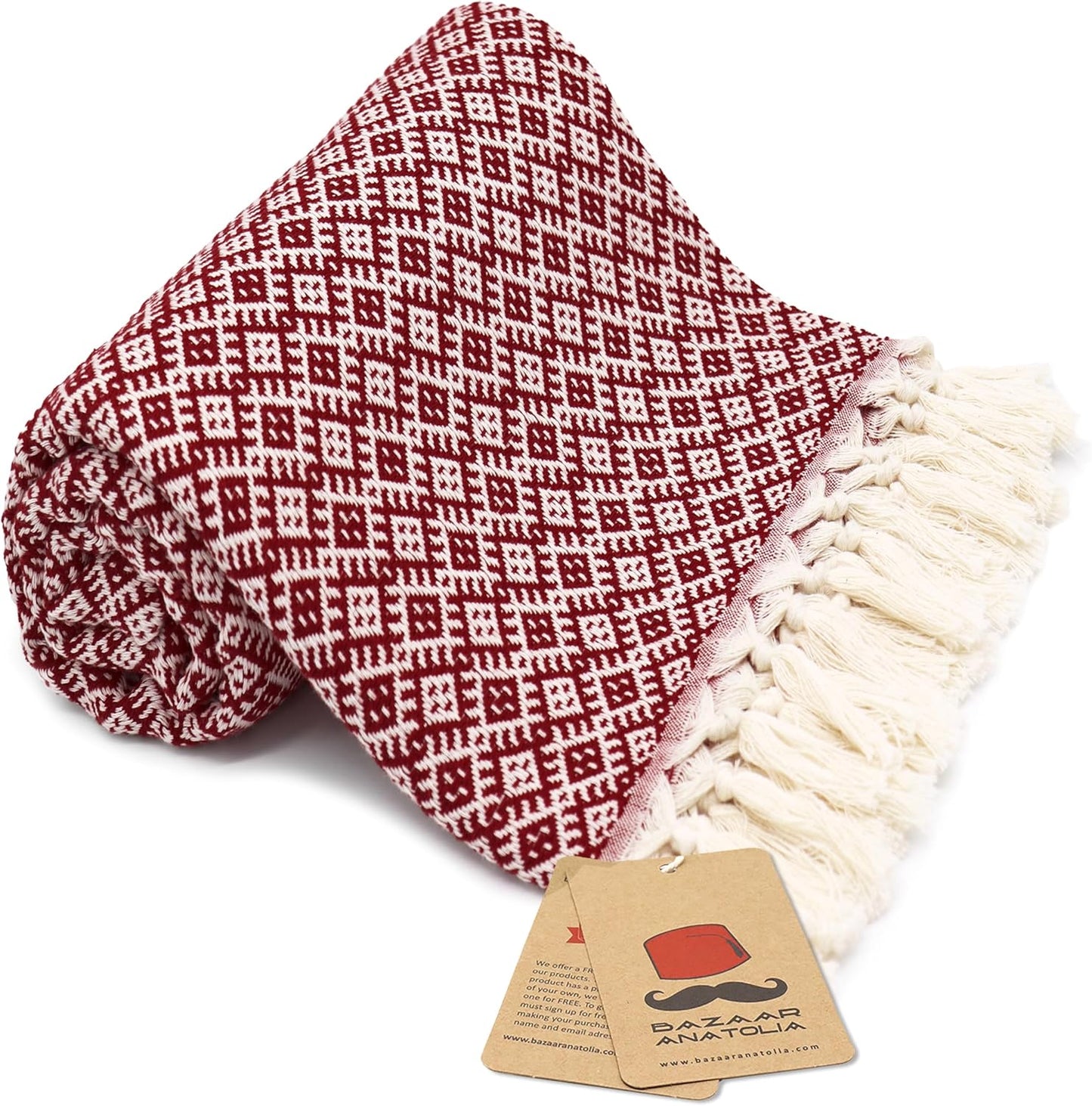 Bazaar Anatolia Turkish Beach Towel 100% Cotton Bath Towels Oversized Quick DryBathroom Towels Sand Free Camping Blanket 71x39 inches - Ethnic Maroon