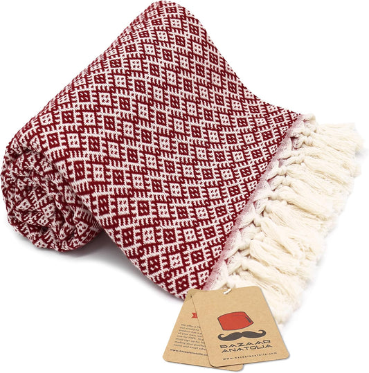 Bazaar Anatolia Turkish Beach Towel 100% Cotton Bath Towels Oversized Quick DryBathroom Towels Sand Free Camping Blanket 71x39 inches - Ethnic Maroon