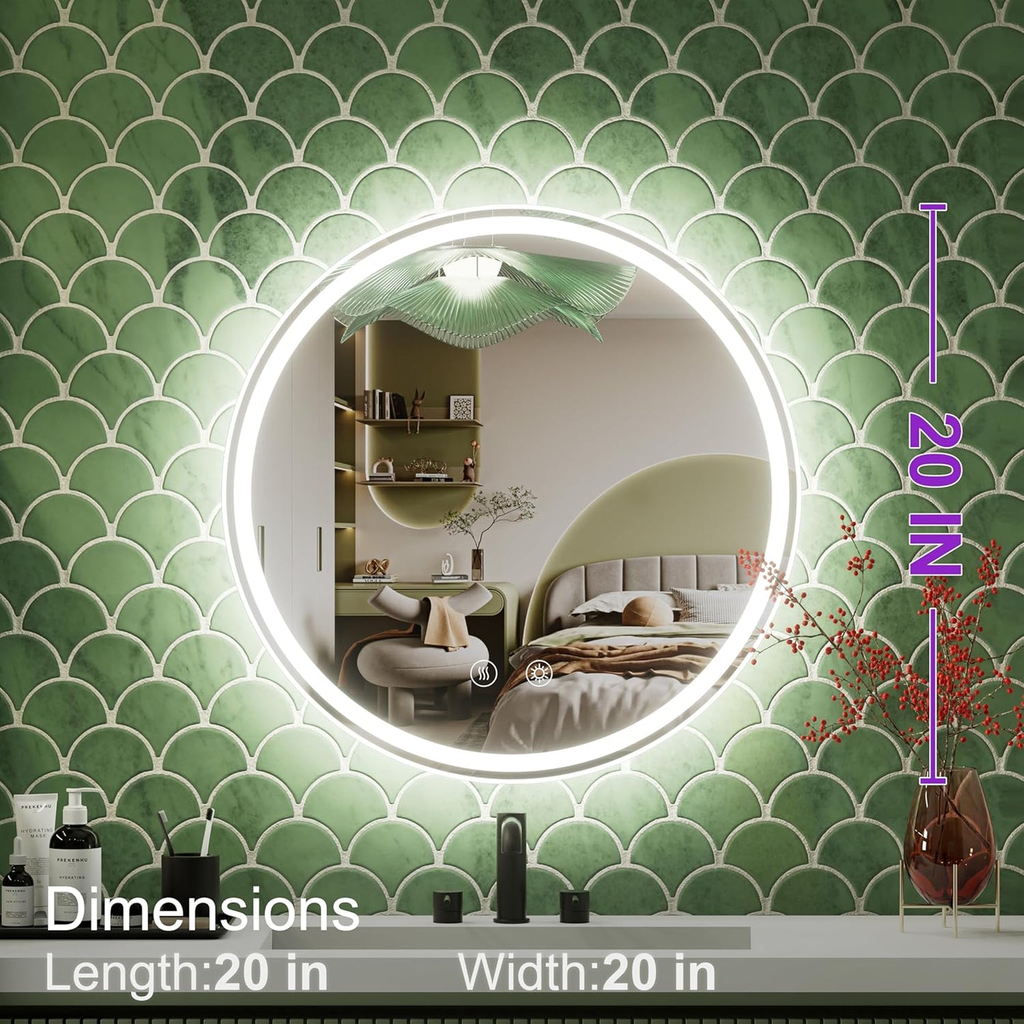 20 Inch Round LED Bathroom Mirror,Front & Backlit Lighted Bathroom Vanity Mirror, 6000K, CRI 90+, Dimmable, Touch, Anti-Fog