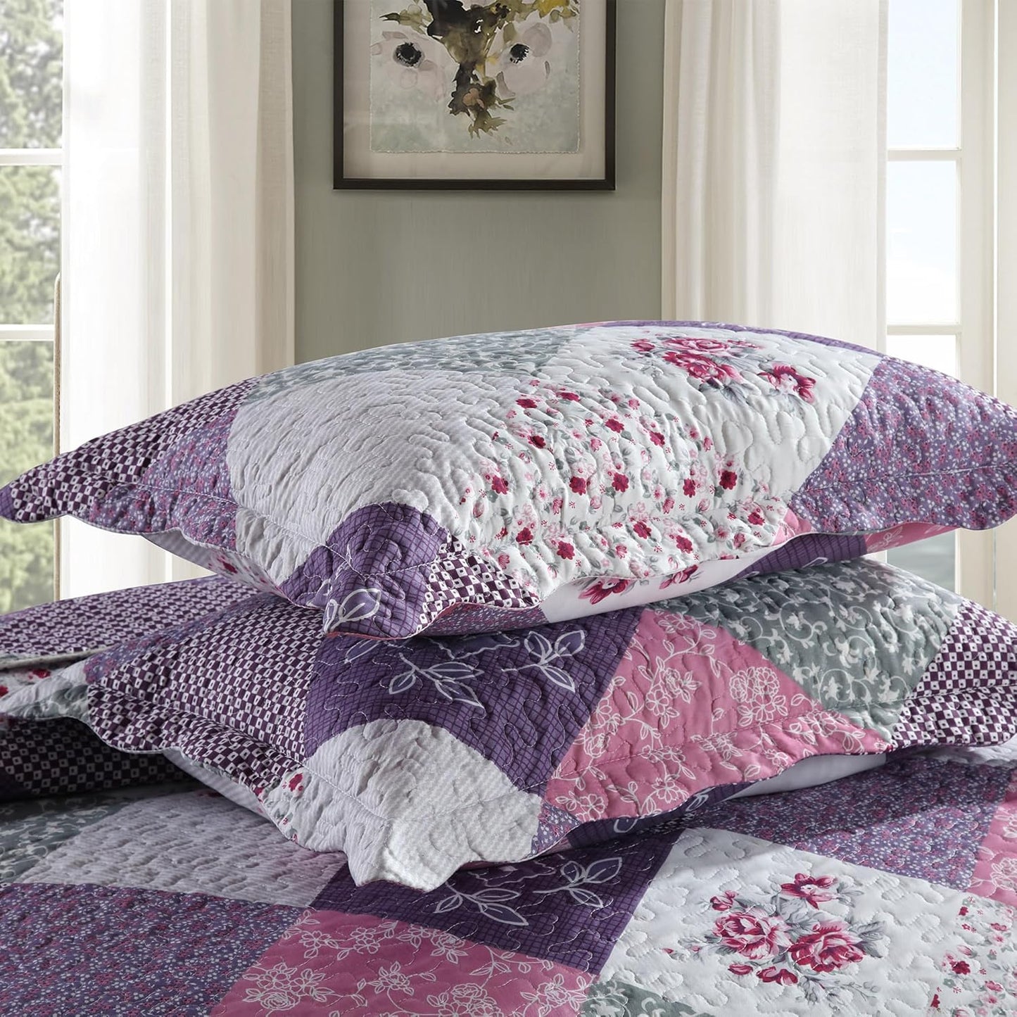 HoneiLife Quilt Set Queen Size - 3 Piece Microfiber Reversible Bedspreads Patchwork Coverlets Floral Bedding Set All Season Quilts with Geometric and Little Rose Print Pattern