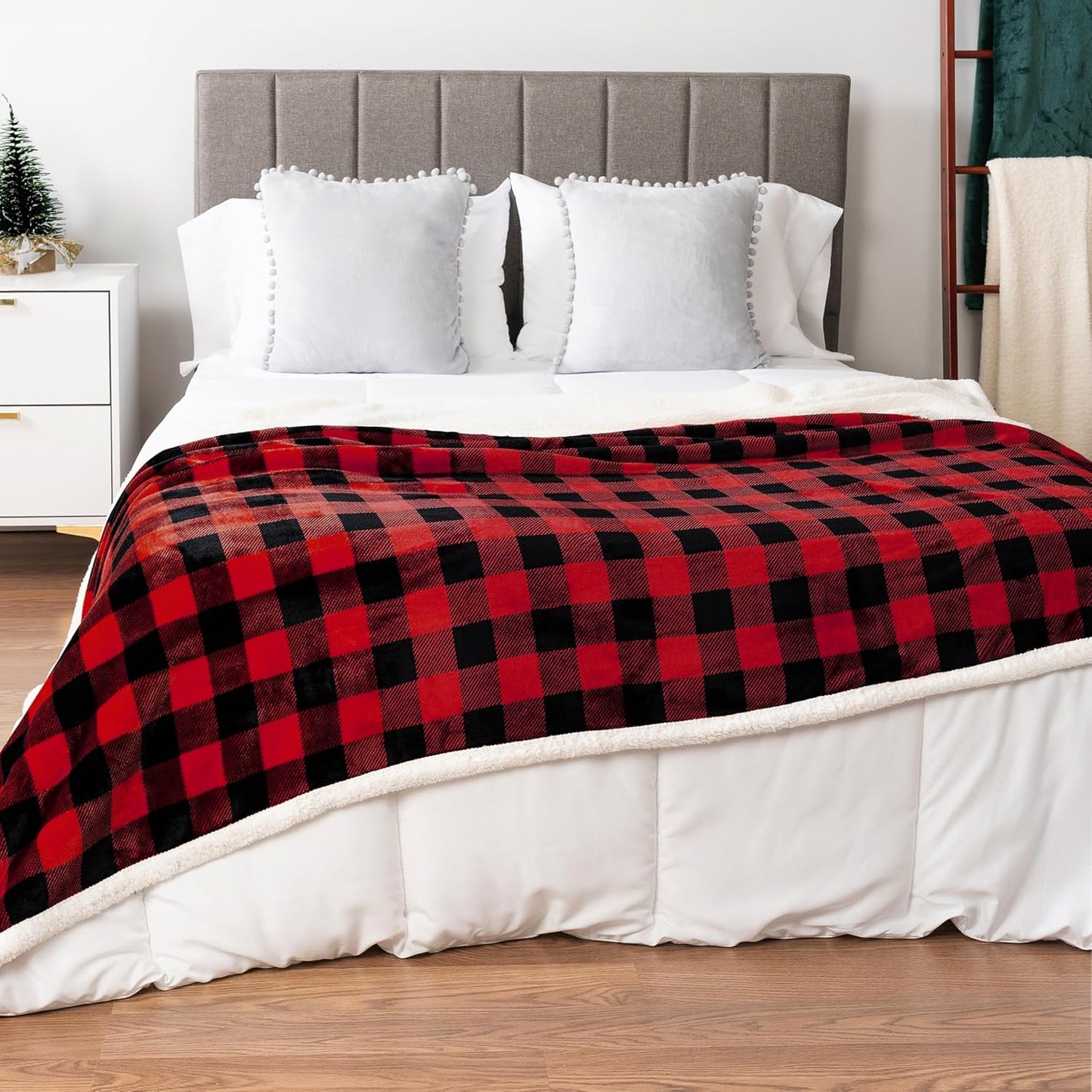 PAVILIA Buffalo Check Sherpa Blanket Throw King,Red Black Checkered Flannel Fleece Blanket,Christmas Plaid Warm Plush Microfiber Blanket for Couch Sofa,90x108 Inches