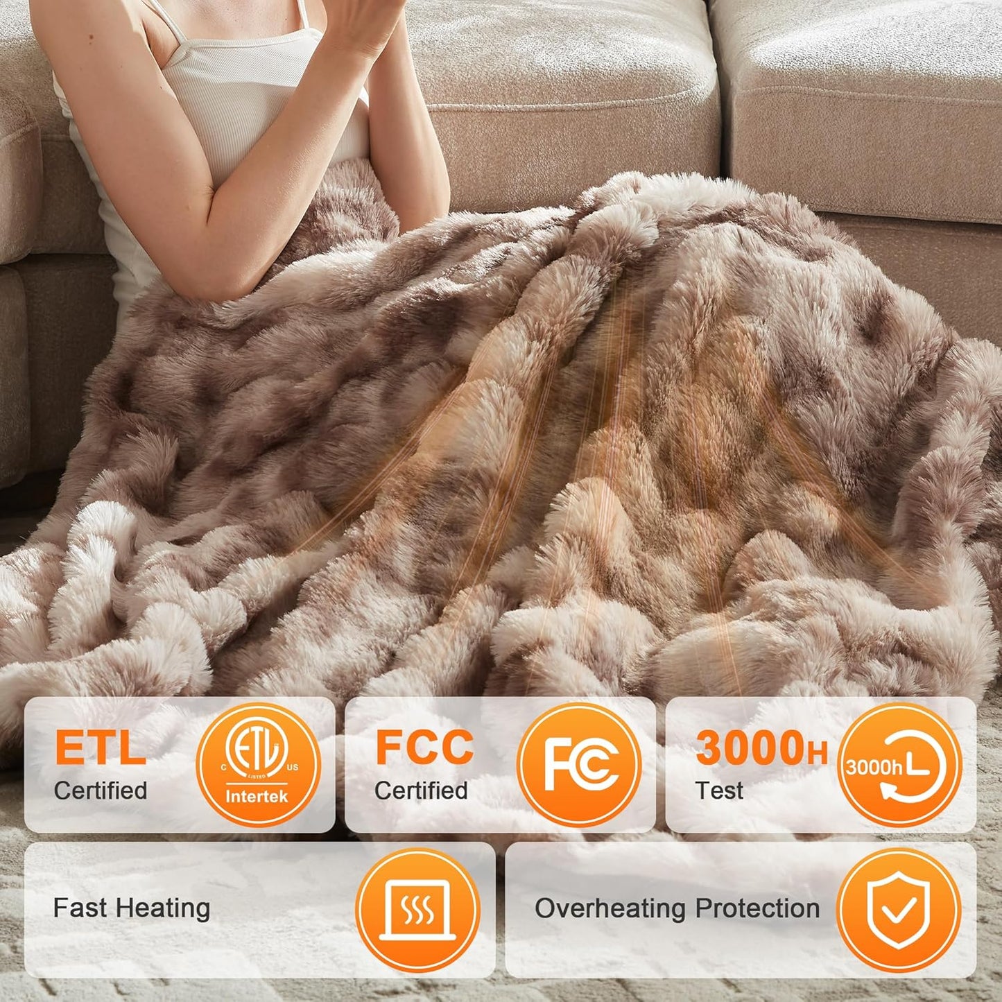 Heated Throw Blanket - Plush Thick Bubble Faux Fur Heated Blanket, Fast Heating Electric Blanket 6 Heating Levels & 4 Hours Auto-Off, Machine Washable, 50"x60", Patterned Taupe