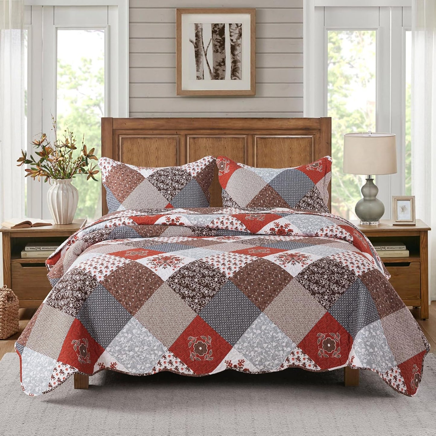 HoneiLife Quilt Set Queen Size - 3 Piece Microfiber Bedspread Reversible Coverlet Patchwork Bedding Set Lightweight Bedcover Floral Bedspreads All Season Quilts-Amaranth Red