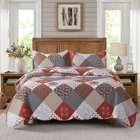HoneiLife Quilt Set Queen Size - 3 Piece Microfiber Bedspread Reversible Coverlet Patchwork Bedding Set Lightweight Bedcover Floral Bedspreads All Season Quilts-Amaranth Red
