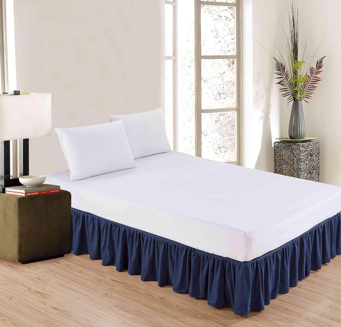 Sheets & Beyond Wrap Around Solid Microfiber Luxury Hotel Quality Fabric Bedroom Gathered Ruffled Bedding Bed Skirt 14 Inch Drop (Full, Navy)