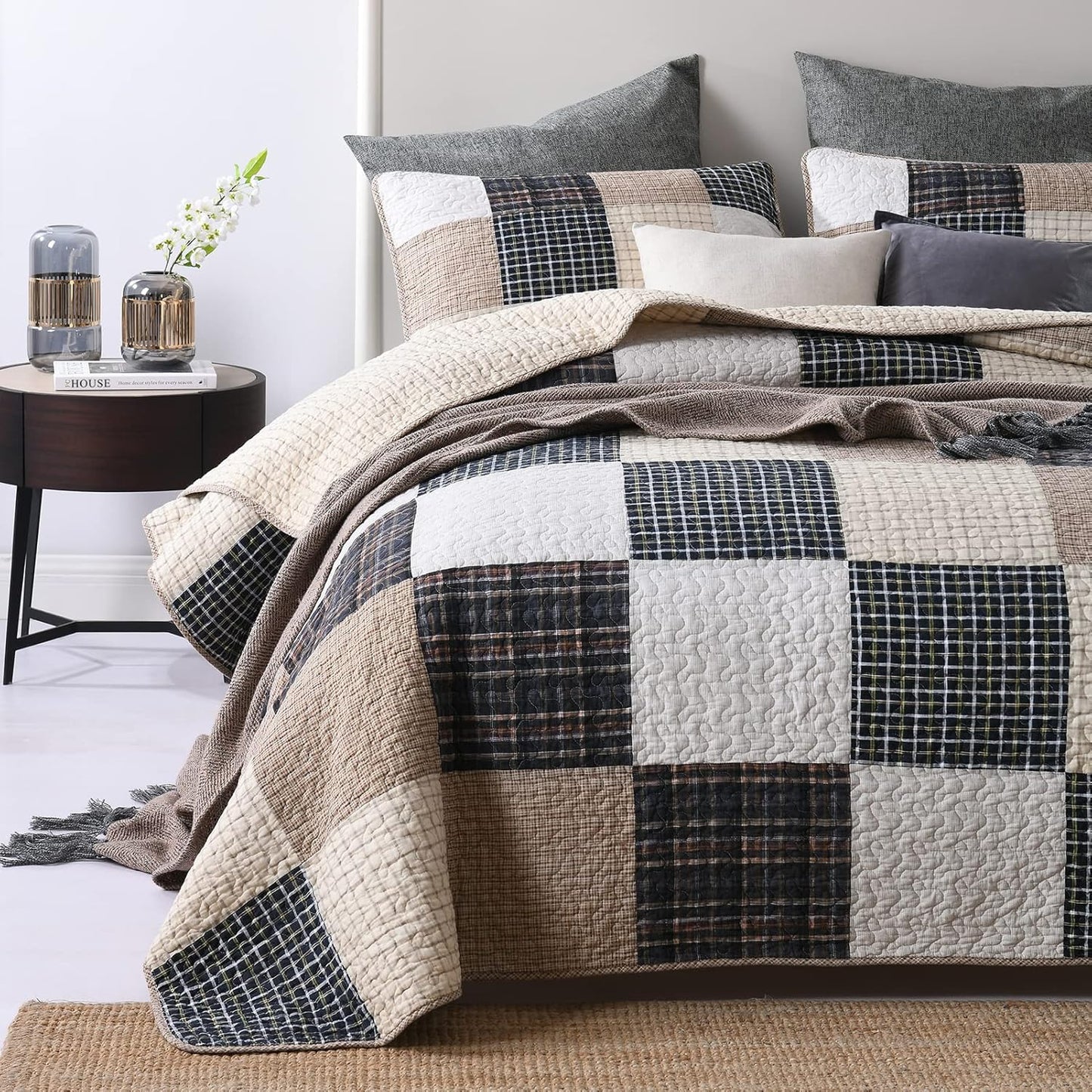 Y-PLWOMEN Quilts Queen Size, 100% Cotton Queen Quilt Set, Brown Khaki Black White Patchwork Plaid Queen Size Bedspread, Lightweight Reversible Soft Summer Quilt Bedding Set, 3-Pieces