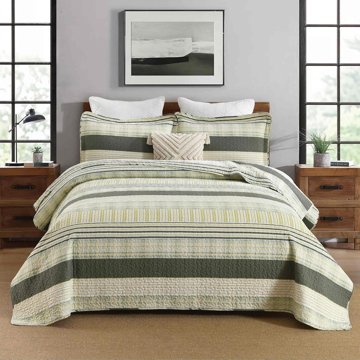 Homzard King Quilt - Cotton Comforter Set King Size, Green Yellow Striped Quilt Set,Olive Green Plaid Bedding Bedspread, Lightweight Farmhouse Comforter 3 Pieces All Season