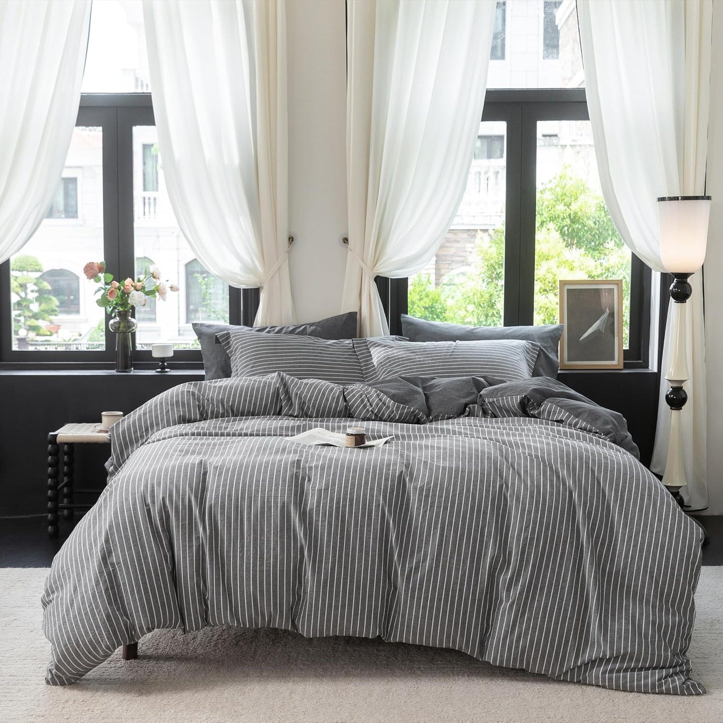 Reversible Duvet Cover Set 100% Washed Cotton Dark Grey Pinstripe Linen Feel Duvet Cover Queen Size with Zipper Closure & 2 Pillow Shams,Dark Grey/White Stripe Reverse Solid Dark Grey