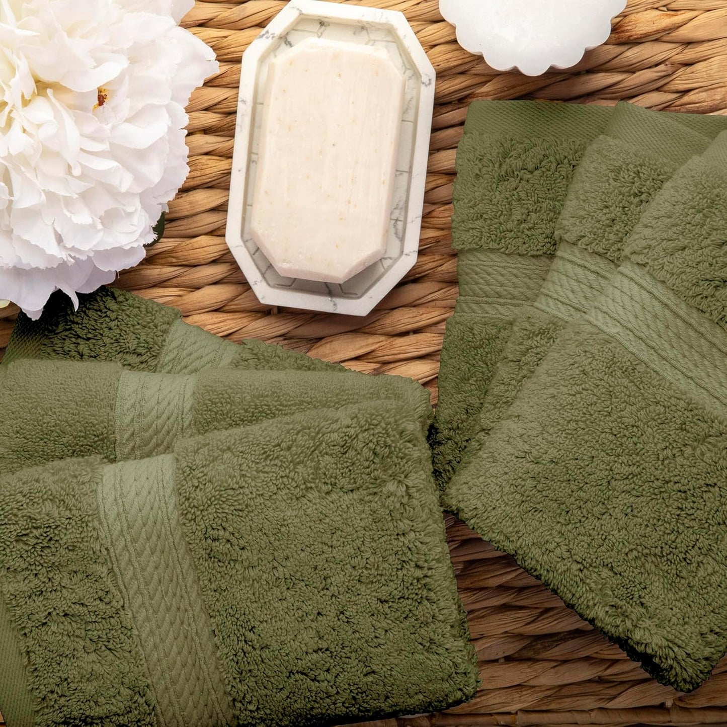 Superior Egyptian Cotton Pile Face Towel/Washcloth Set of 6, Ultra Soft Luxury Towels, Thick Plush Essentials, Absorbent Heavyweight, Guest Bath, Hotel, Spa, Home Bathroom, Shower Basics, Forest Green