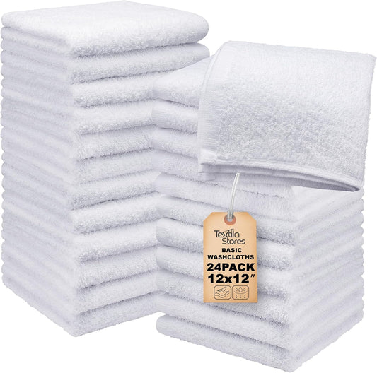 Basic Wash Cloths 12x12 Inches – Bulk Pack of 24 – White Color – Soft and Absorbent Multipurpose Cotton Washcloths for Bathroom, Spa, Gym, Salon, Hotel, and Everyday Use