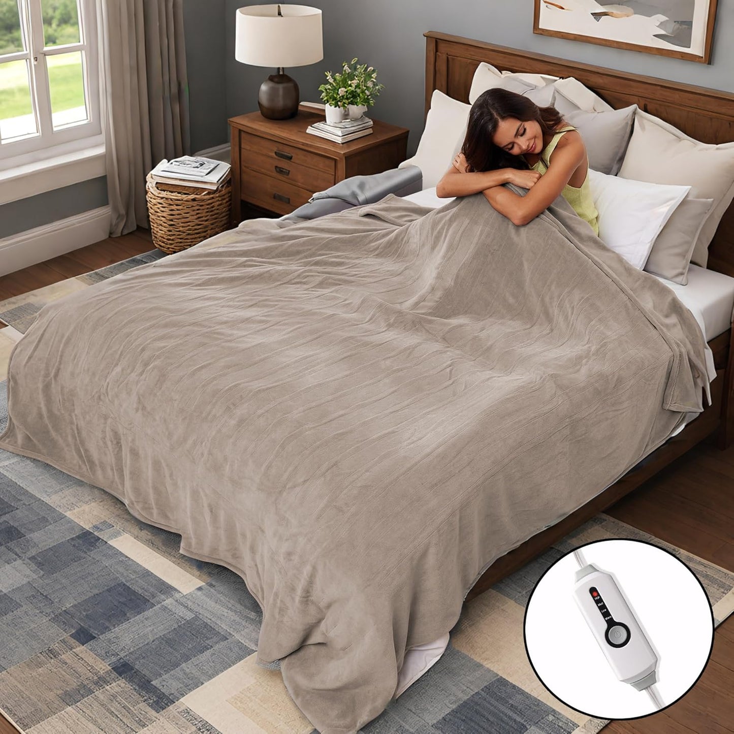 Electric Heated Blanket 84"x90" Queen Size, Soft Coral Fleece, Dual Controllers with 4 Heating Levels and 10 Hours Auto-Off, Machine Washable, Cozy Plush Fabric for Home, Light Brown