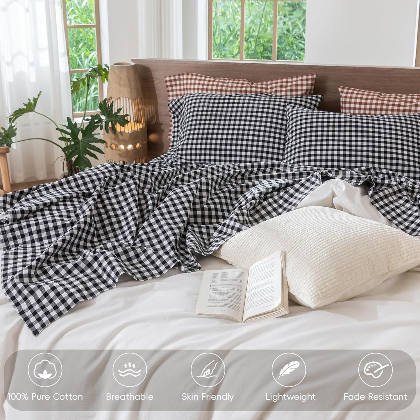 MooMee Gingham Sheet Set 100% Washed Cotton Linen Like Textured Breathable Soft w/ Fully Elasticized 16-19" Deep Pocket (Classic Gingham Black White, King)