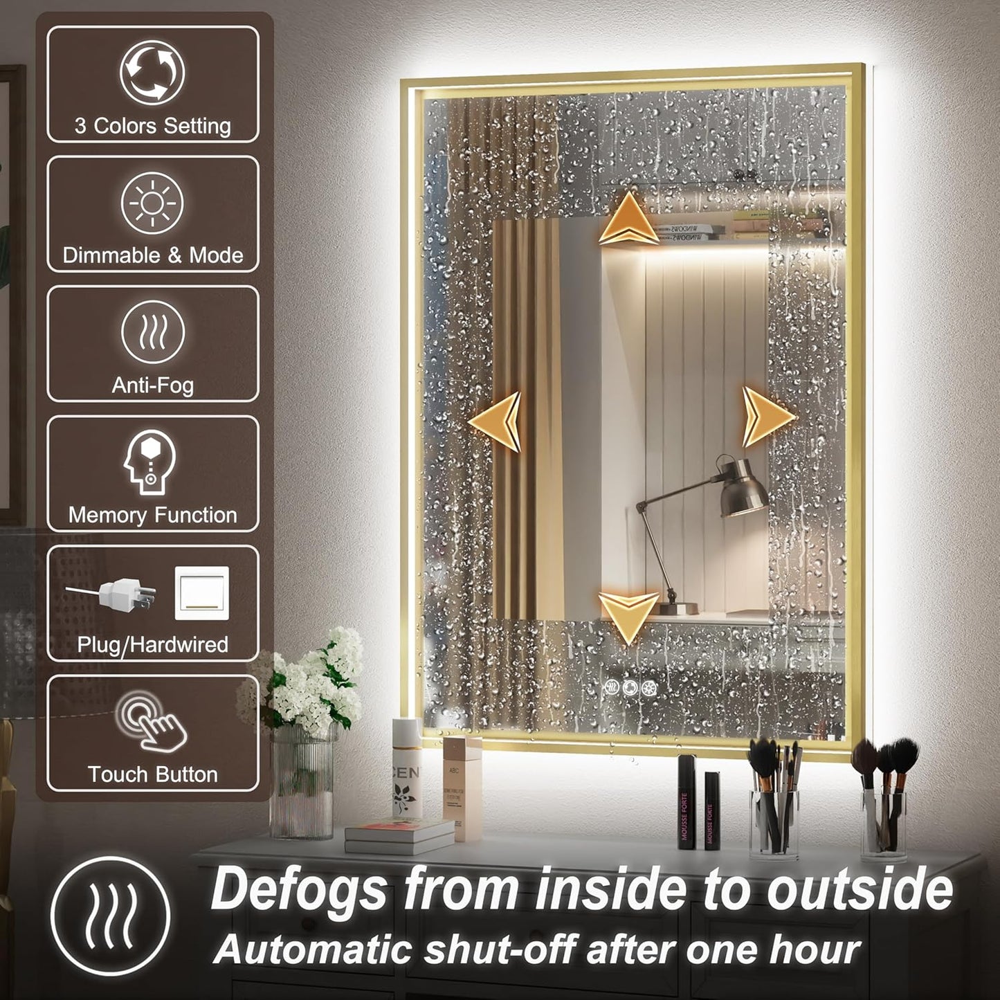 20x28 Inch Gold LED Bathroom Mirror, Front and Backlit Controlled Separately, Lighted Bathroom Vanity Mirror, 3000K/4500K/6000K, Wall Mounted, Dimmable, Anti-Fog, Horizontal/Vertical