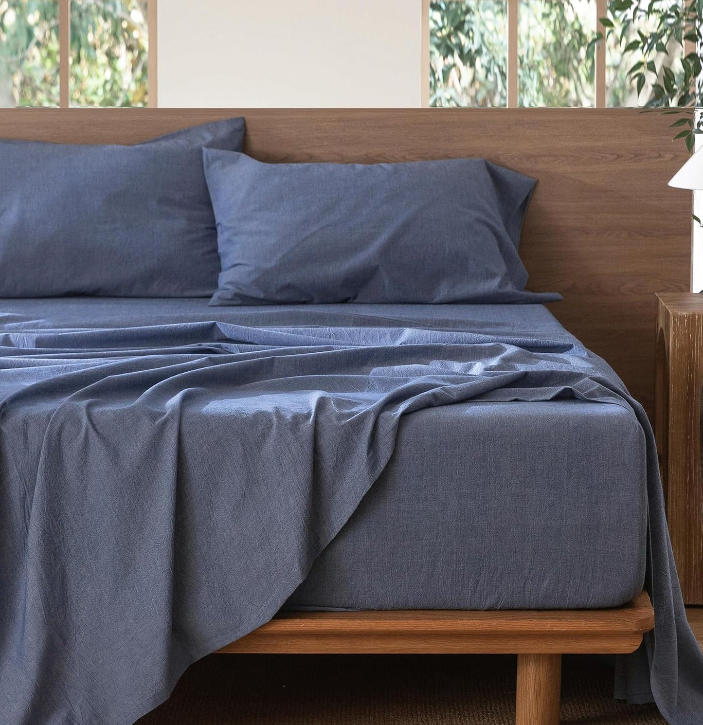 MooMee Bedding Sheet Set 100% Washed Cotton Linen Like Textured Breathable Durable Soft Comfy (Heathered Blue, King)