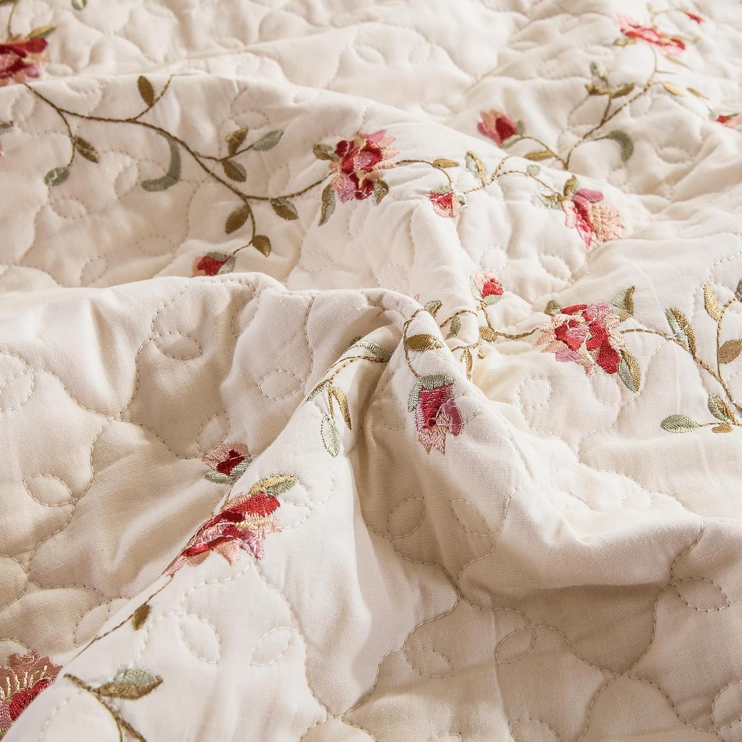 Quilt Set Floral Leaves 3D Embroidery Pattern 3 PCS Cotton Reversible Quilted Embroidered Decorative Bedspreads Coverlet Set, Lightweight &Soft Queen Size Beige Bedding Coverlet for All Season
