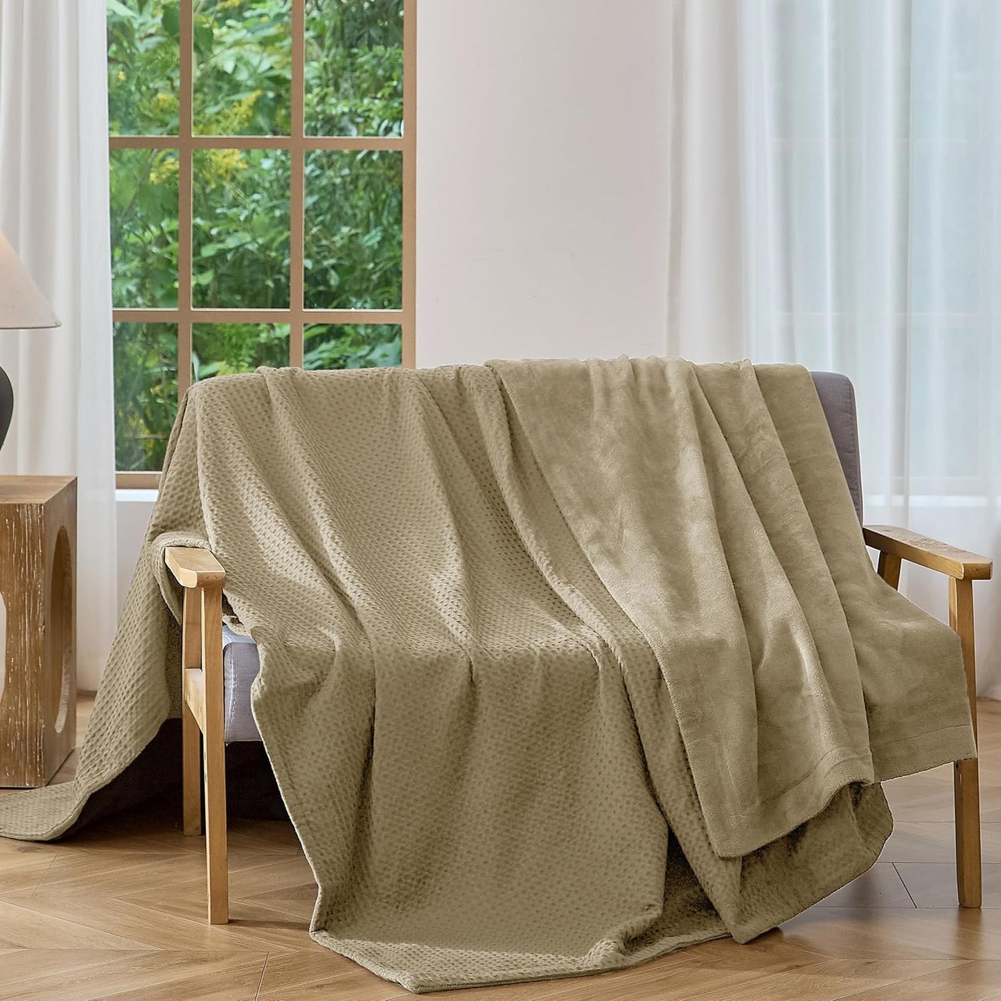 CHUFFED Cotton Waffle Blanket Throw Size - Plush Milk Velvet & Reversible Waffle Weave,Anti-Static 300Gsm Design，Thick Cozy Soft Winter Blanket for Bed, Couch, Sofa - Khaki, 50x70 Inches